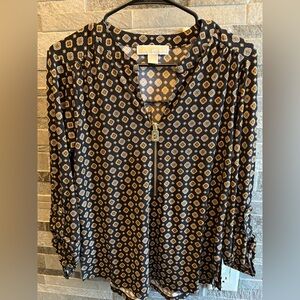 Michael Kors Black and Gold Patterned Long-Sleeve Zip Front Blouse